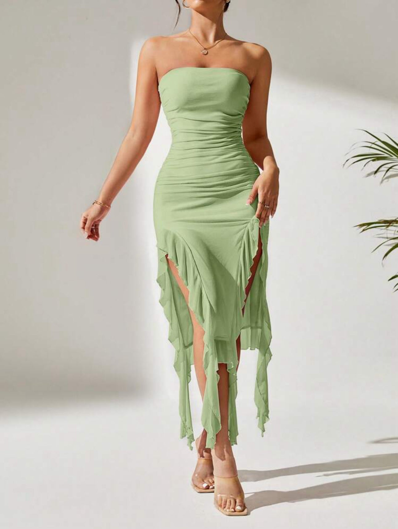 Asymmetrical Ruched Lime Green Hem Dress