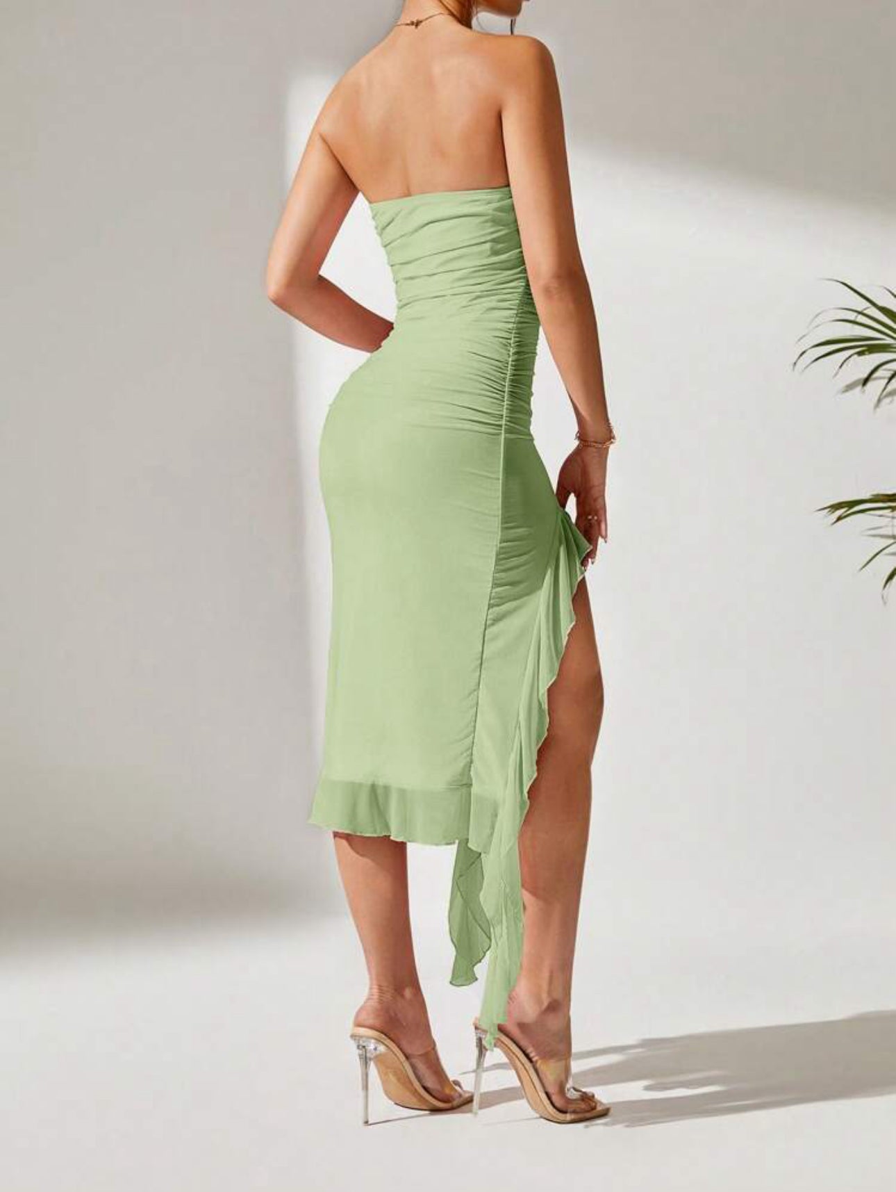 Asymmetrical Ruched Lime Green Hem Dress