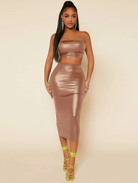 *PINK-TOBER* Rose Gold Faux Leather Tube Top  and Bodycon Skirt