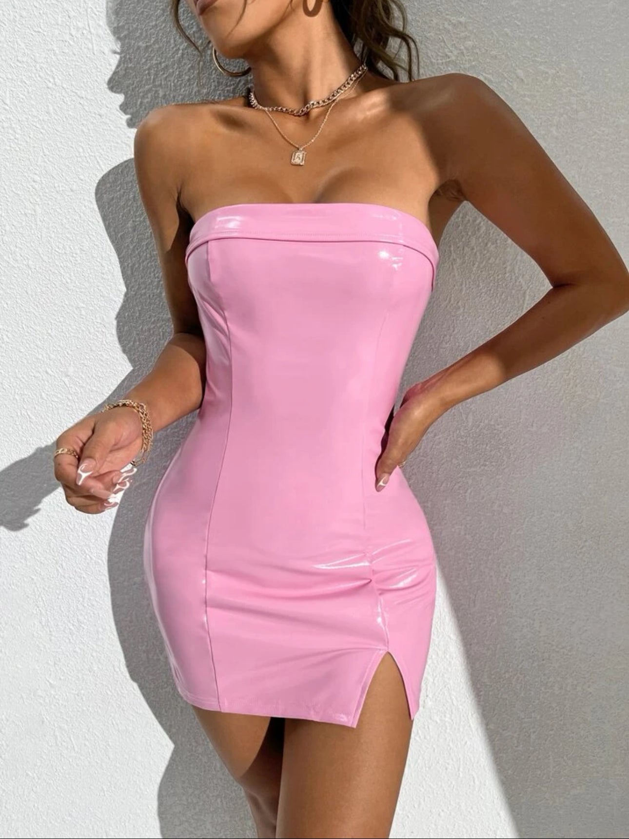 Barbie Gworl Split Hem Faux Leather Tube Dress