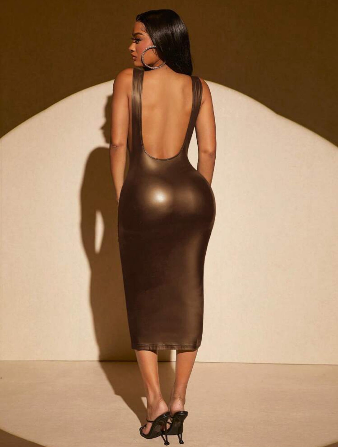 Backless Metallic Brown Midi Faux Leather Dress