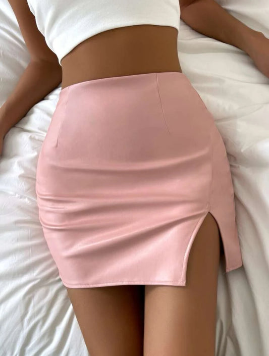 *PINK-TOBER* Split Hem Baby Pink Faux Leather Skirt