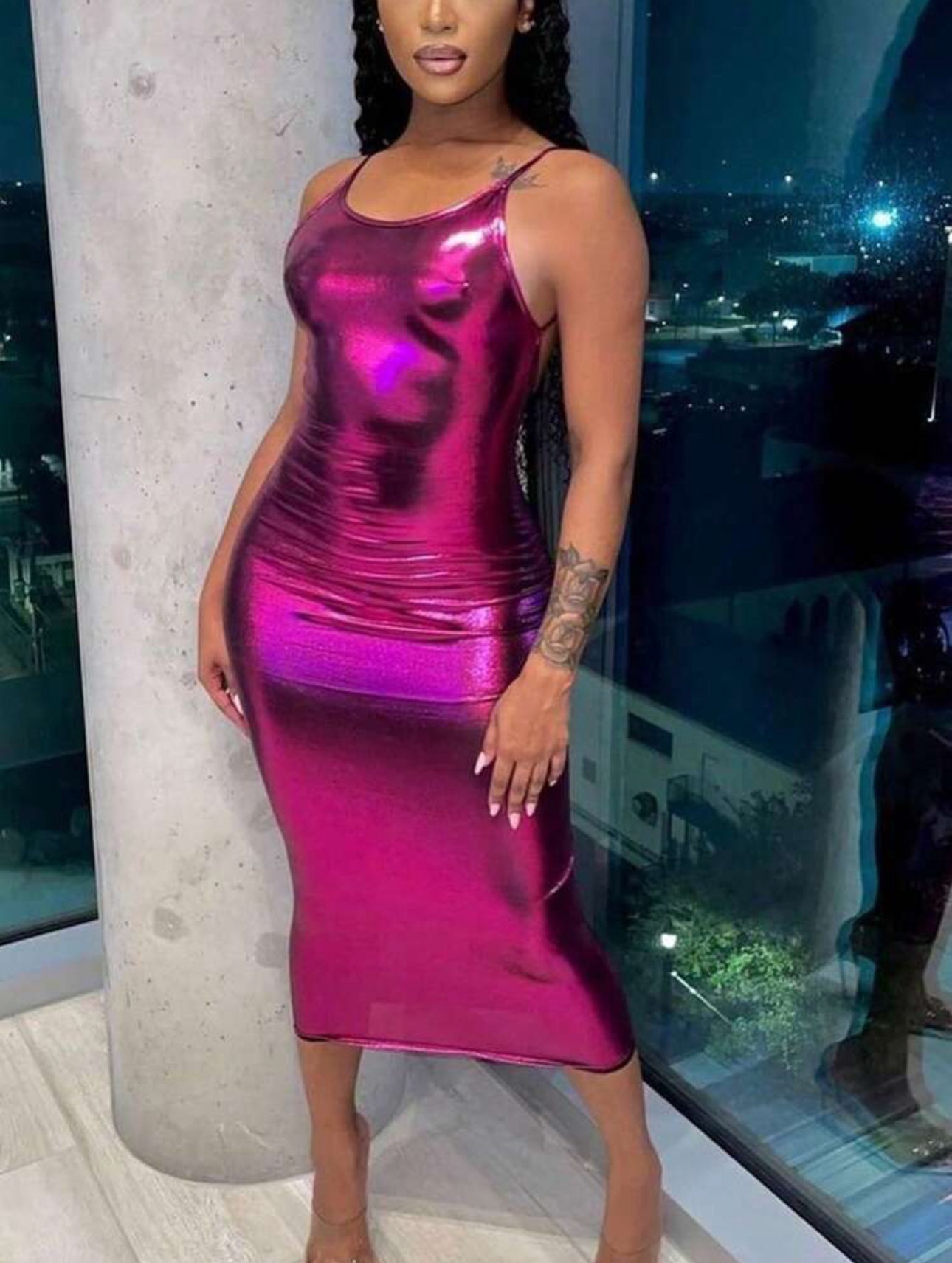 Backless Metallic Pink Midi Dress